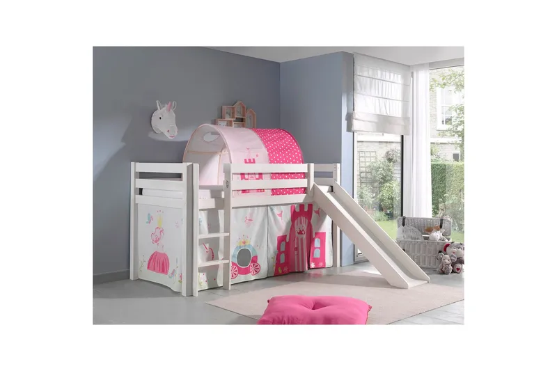 Middelseng med gardin Pino Princess Hvit, Hvit, Med sklie, Prinsesse, Ingen lommer - Hvit, Hvit, Med sklie, Prinsesse, Ingen lommer - Møbler - Barnemøbler - Barneseng & Juniorseng - Loftseng barn