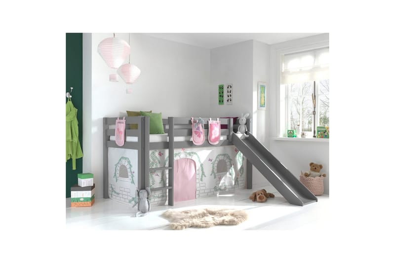 Middelseng med gardin Pino Birdy Grå, Grå, Med sklie, Uten tunnel, 3 - Grå, Grå, Med sklie, Uten tunnel, 3 - Møbler - Barnemøbler - Barneseng & Juniorseng - Loftseng barn