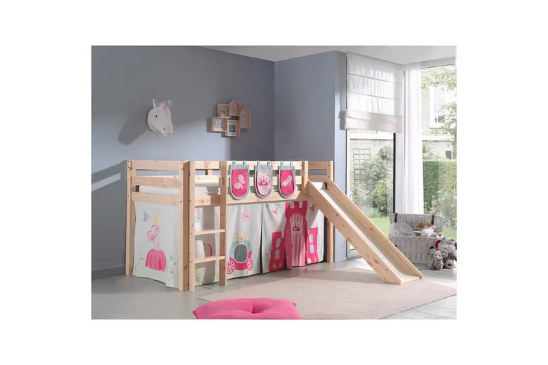 Middelseng med gardin Pino Princess Naturlig, Naturlig, Med sklie, Uten tunnel, 3 - Naturlig, Naturlig, Med sklie, Uten tunnel, 3 - Møbler - Barnemøbler - Barneseng & Juniorseng - Loftseng barn