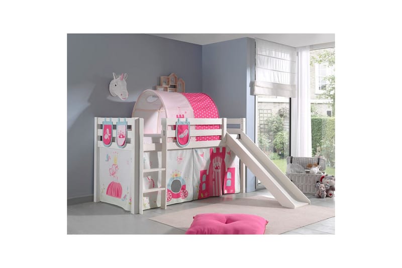 Middelseng med gardin Pino Princess Hvit, Hvit, Med sklie, Prinsesse, 3 - Hvit, Hvit, Med sklie, Prinsesse, 3 - Møbler - Barnemøbler - Barneseng & Juniorseng - Loftseng barn