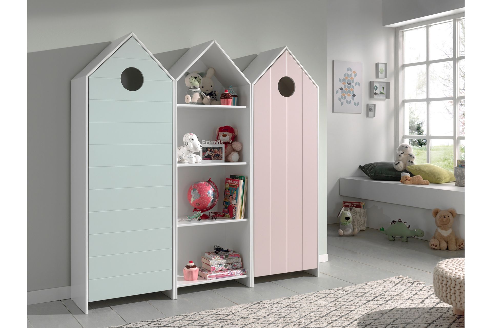 Bustorp Garderobe og hyllesett - Hvit/Rosa/Mintgrønn - Møbler - Barnemøbler - Oppbevaring barnerom - Garderobeskap barn