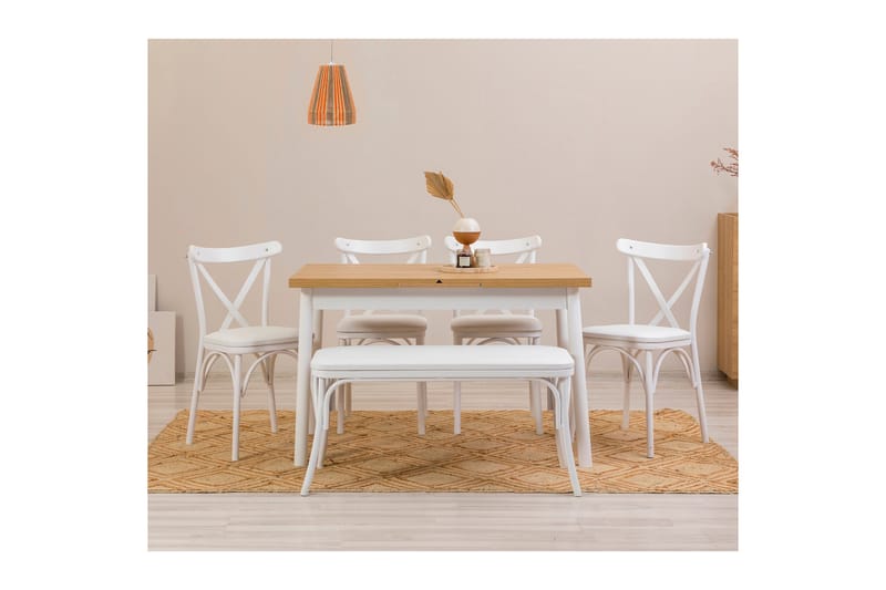 Oliver Spisebord 120x75 cm + 4 stk Spisestoler + Benk Hvit/Brun - Hanah Home - Møbler - Bord - Spisegrupper