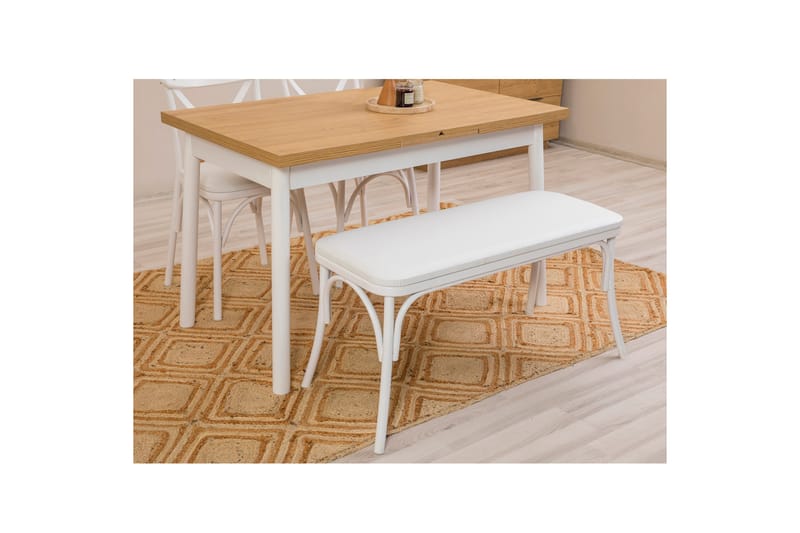 Oliver Spisebord 120x75 cm + 4 stk Spisestoler + Benk Hvit/Brun - Hanah Home - Møbler - Bord - Spisegrupper