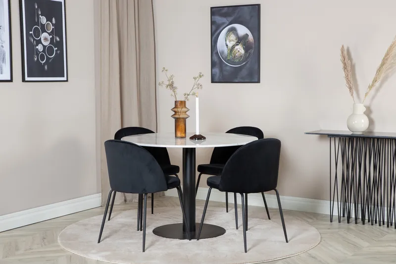 Admira Spisegruppe 106 cm Rund inkl. 4 Foyos Stoler - Marmor/Hvit/Svart - Møbler - Bord - Spisegrupper