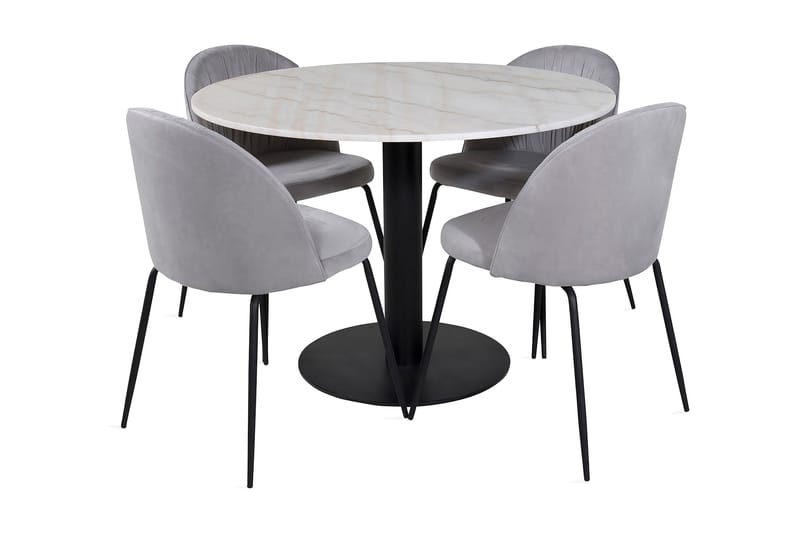 Admira Spisegruppe 106 cm Rund Marmor inkl. 4 Foyos Stoler, Hvit/Svart/Grå