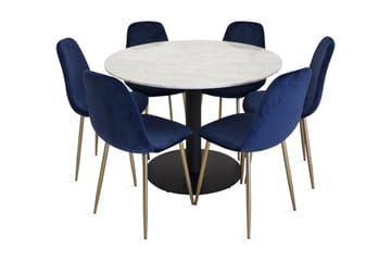 Admira Spisegruppe 106 cm Rund Marmor med 6 Valeri Kjøkkenstoler - Fløyel Grå/Svart - Møbler - Bord - Spisegrupper