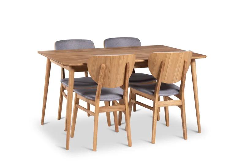 Alborg Spisegruppe 140 cm med 4 Borgholm-stoler i massivt tre, Natur/Lysebrun
