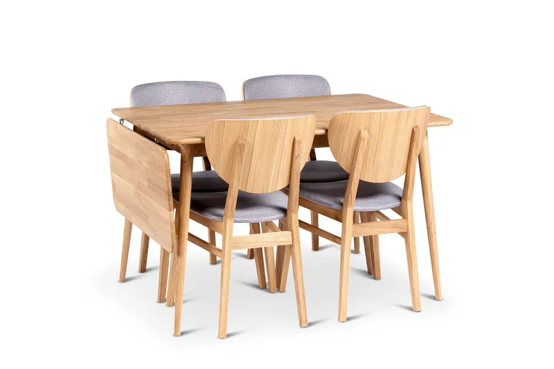 Alborg Uttrekkbar Spisegruppe 120-160 cm med 4 Borgholm-stoler i massivt tre, Brun/Natur