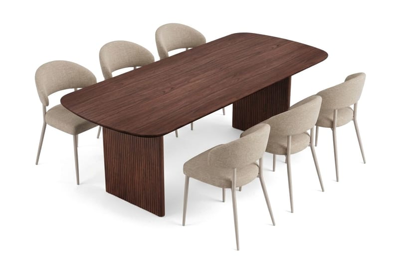Alma Rektangulær Spisestuegruppe 220 cm – Spisebord med Valnøttutseende og 6 Polstrede Sawako Spisestoler - Brun|Beige - Møbler - Bord - Spisegrupper