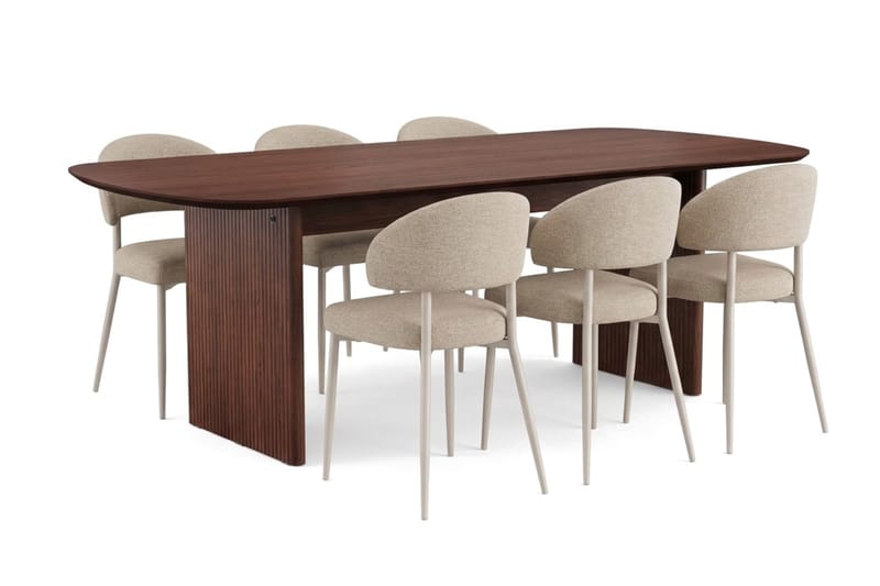 Alma Rektangulær Spisestuegruppe 220 cm – Spisebord med Valnøttutseende og 6 Polstrede Sawako Spisestoler, Brun|Beige