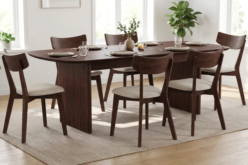 Alma spisegruppe 220 cm rektangulær i valnøtt med 6 Amelia spisestoler med pute - Valnøtt/beige - Møbler - Bord - Spisegrupper