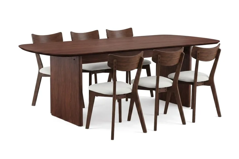 Alma spisegruppe 220 cm rektangulær i valnøtt med 6 Amelia spisestoler med pute, Valnøtt/beige