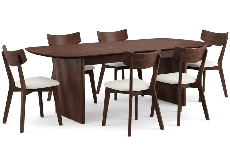 Alma spisegruppe 220 cm rektangulær i valnøtt med 6 Amelia spisestoler med pute, Valnøtt/beige