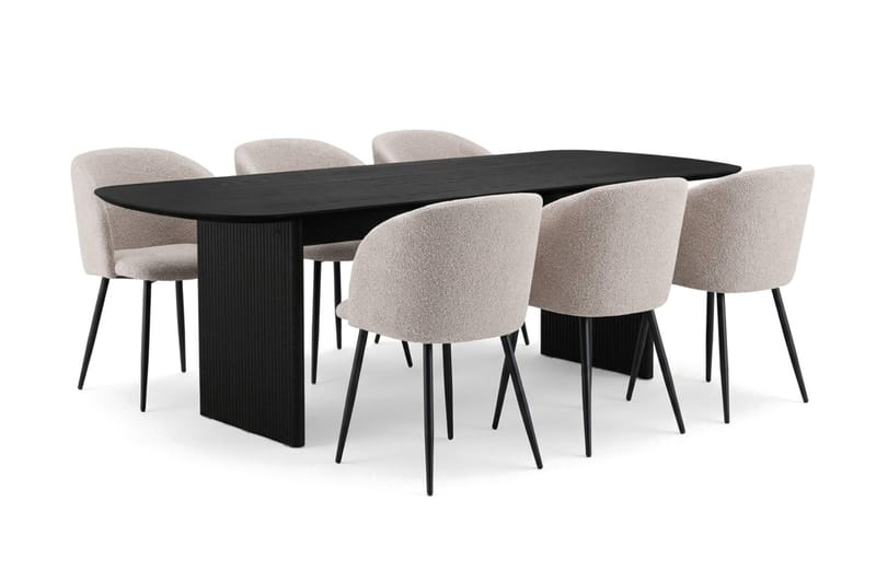 Alma spisegruppe 220 cm rektangulær med 6 Greya spisestoler, Svartbeiset eik