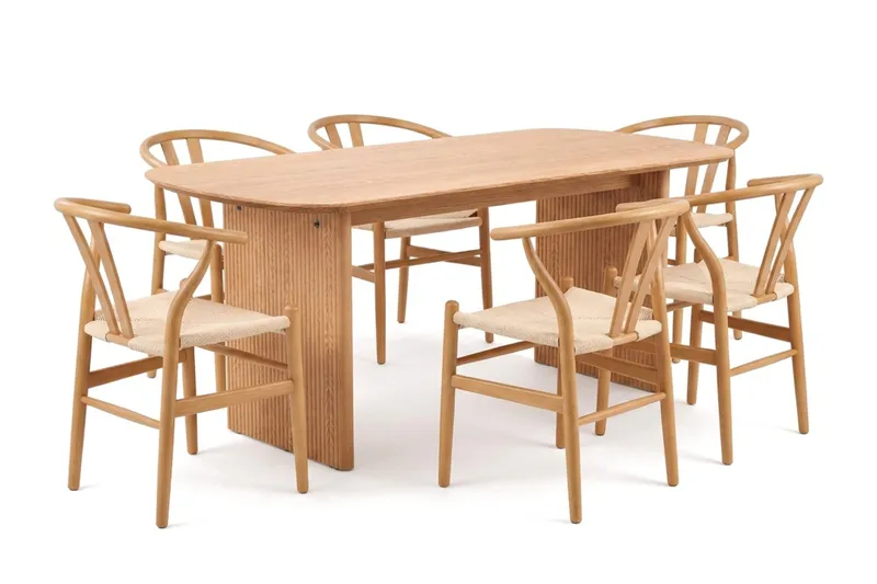 Alma spisegruppe rektangulær 180 cm eik med 6 Dastoori spisestoler, Eik