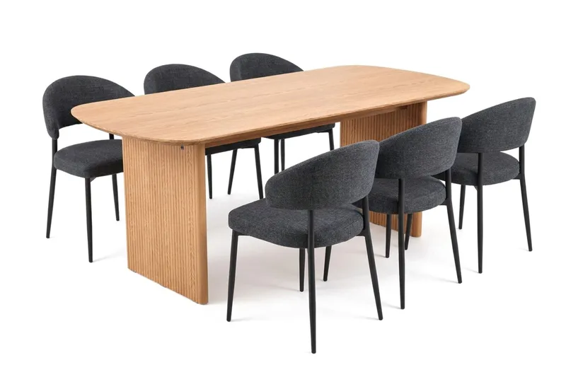 Alma spisegruppe rektangulær 180 cm eik med 6 Sawako spisestoler, Eik