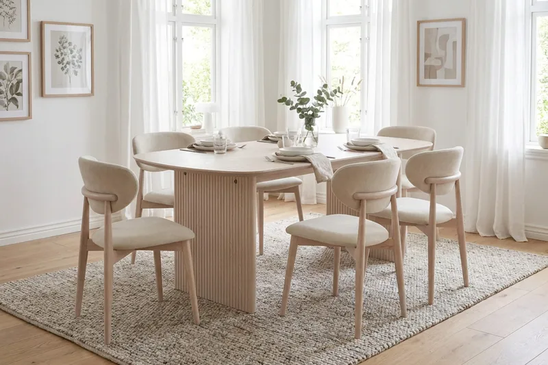 Alma spisegruppe rektangulær 180 cm hvitlasert med 6 Molly spisestoler - Hvitbeiset eik - Møbler - Bord - Spisegrupper