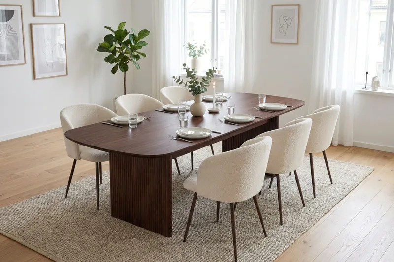 Alma spisegruppe rektangulær 220 cm valnøtt med 6 Greya spisestoler - Valnøtt/hvit - Møbler - Bord - Spisegrupper