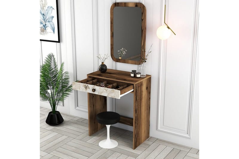Ameias Sminkebord 70 cm - Valnøtt/Hvit/Marmor - Møbler - Bord - Sminkebord & toalettbord - Sminkebord med speil