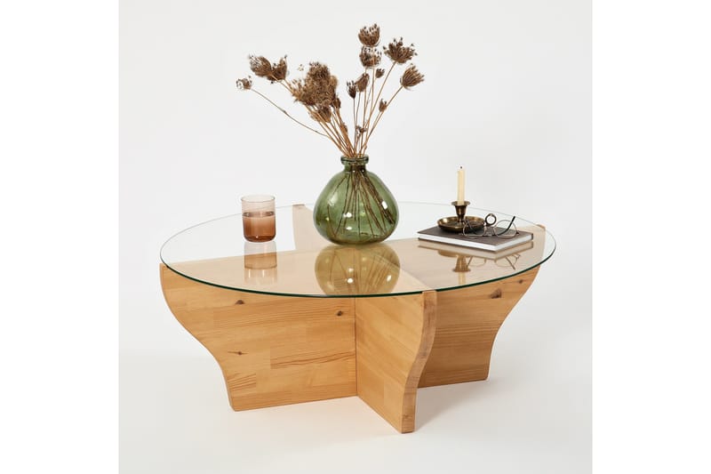 Amphora 92 cm Rundt Salongbord i Glass med Understell i Tre - Transparent - Møbler - Bord - Sofabord