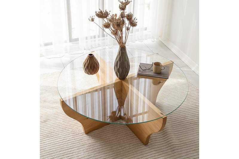 Amphora 92 cm Rundt Salongbord i Glass med Understell i Tre - Transparent - Møbler - Bord - Sofabord