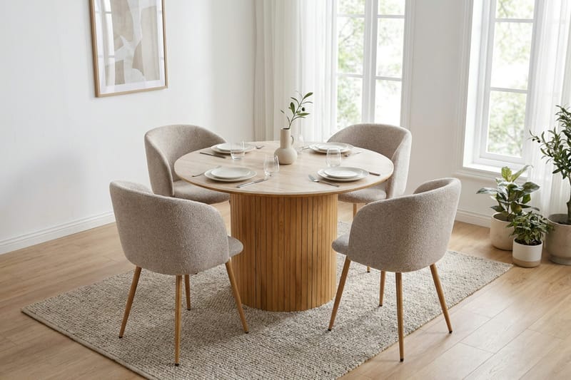 Arvo Rundt Spisebord 120 cm i Travertin med Søylefot i Eikeutseende - Beige - Møbler - Bord - Spisebord & kjøkkenbord