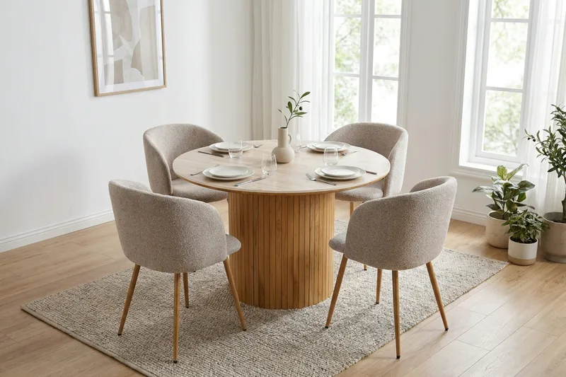 Arvo spisegruppe rund 120 cm eik med 4 Greya spisestoler - Eik/Greige - Møbler - Bord - Spisegrupper