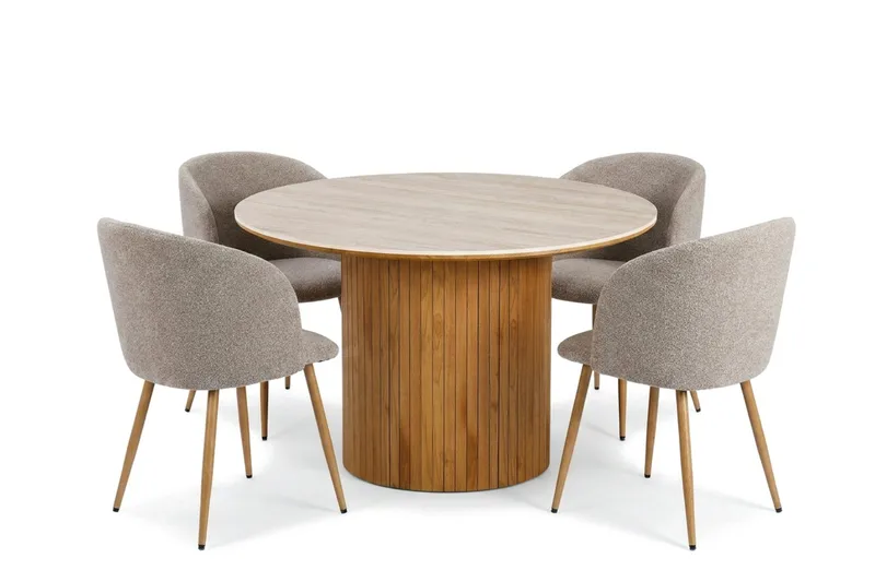 Arvo spisegruppe rund 120 cm eik med 4 Greya spisestoler, Eik/Greige