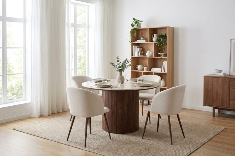 Arvo spisegruppe rund 120 cm Travertin med 4 Greya spisestoler - Valnøtt - Møbler - Bord - Spisegrupper