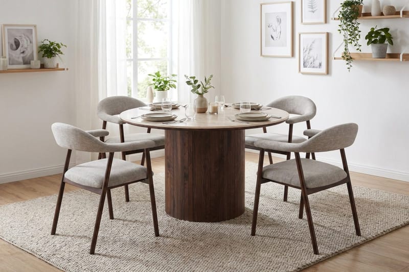 Arvo Spisegruppe rund 120 cm Valnøtt med 4 Ronja Spisestoler - Valnøtt - Møbler - Bord - Spisegrupper