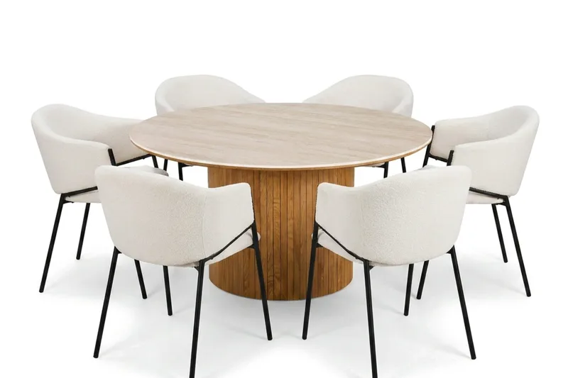 Arvo spisegruppe rund 150 cm eik med 6 Filip spisestoler, Eik/Hvit