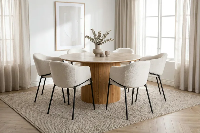 Arvo spisegruppe rund 150 cm eik med 6 Filip spisestoler - Eik/Hvit - Møbler - Bord - Spisegrupper