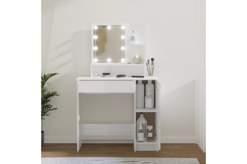 beBasic Sminkebord med LED høyglans hvit 86,5x35x136 cm - Hvit - Møbler - Bord - Sminkebord & toalettbord