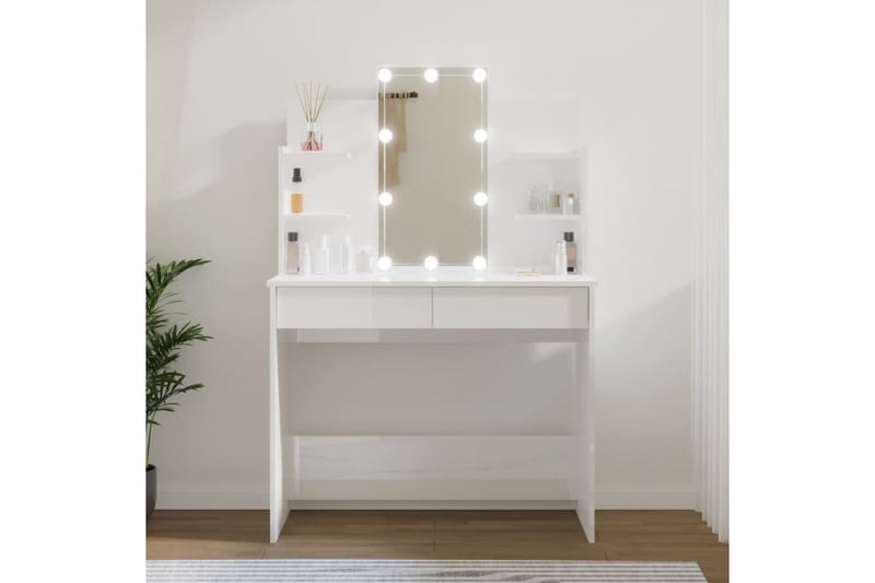 beBasic Sminkebord med LED høyglans hvit 96x40x142 cm - Hvit - Sminkebord & toalettbord