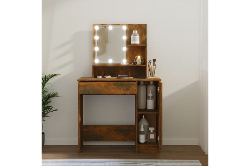 beBasic Sminkebord med LED røkt eik 86,5x35x136 cm - Brun - Møbler - Bord - Sminkebord & toalettbord