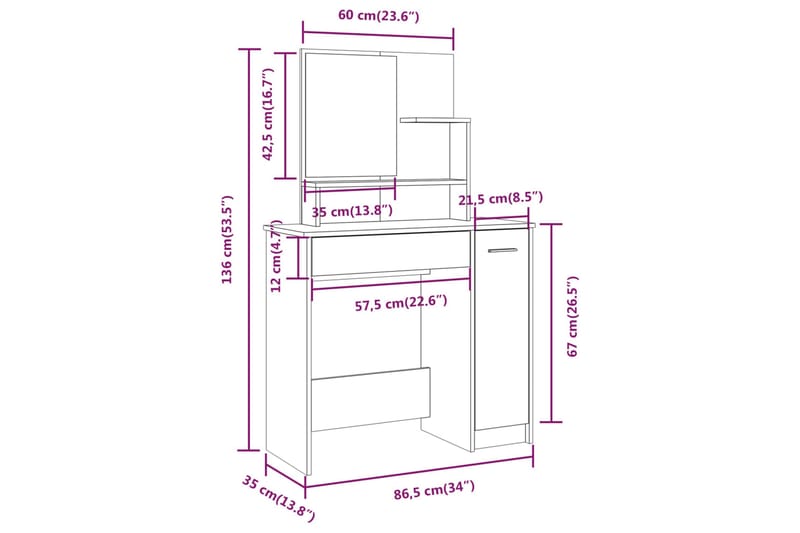 beBasic Sminkebord med speil høyglans hvit 86,5x35x136 cm - Hvit - Sminkebord & toalettbord