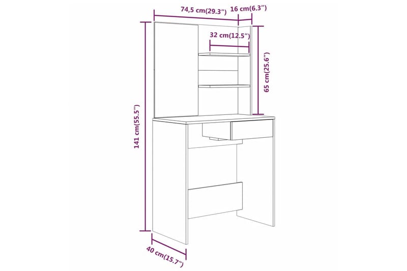 beBasic Sminkebord med speil høyglans hvit MDF 74,5x40x141 cm - Hvit - Sminkebord & toalettbord