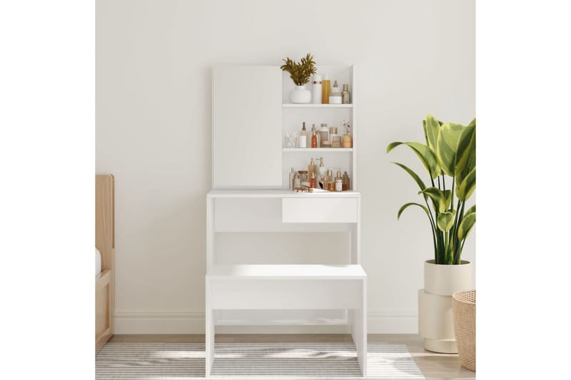 beBasic Sminkebord med speil høyglans hvit MDF 74,5x40x141 cm - Hvit - Møbler - Bord - Sminkebord & toalettbord