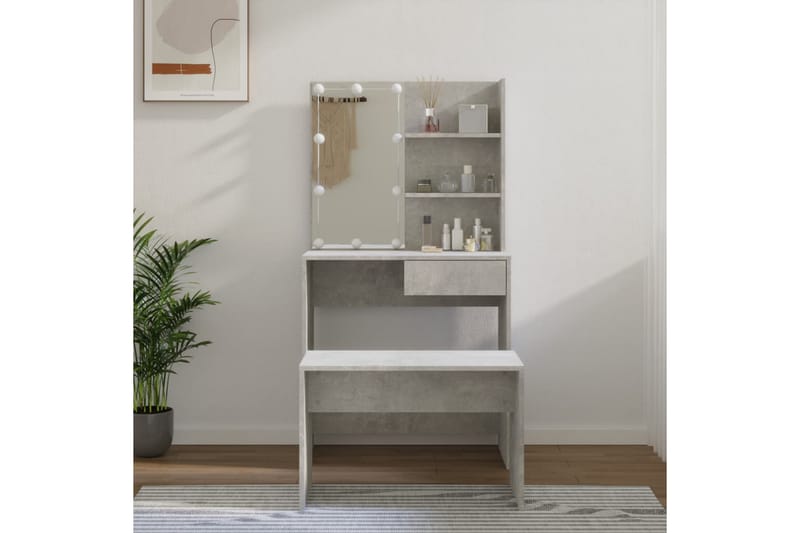 beBasic Sminkebordsett med LED betonggrå konstruert tre - GrÃ¥ - Møbler - Bord - Sminkebord & toalettbord