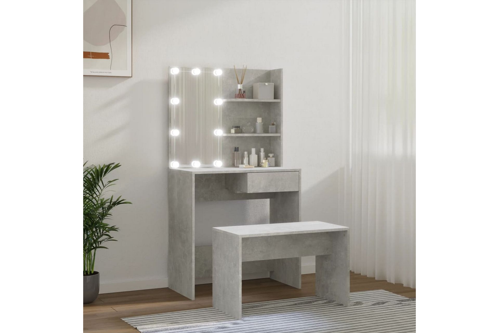 beBasic Sminkebordsett med LED betonggrå konstruert tre - GrÃ¥ - Møbler - Bord - Sminkebord & toalettbord