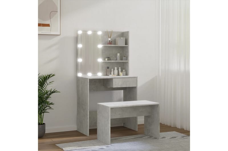 beBasic Sminkebordsett med LED betonggrå konstruert tre - GrÃ¥ - Møbler - Bord - Sminkebord & toalettbord