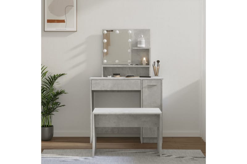 beBasic Sminkebordsett med LED betonggrå konstruert tre - GrÃ¥ - Møbler - Bord - Sminkebord & toalettbord