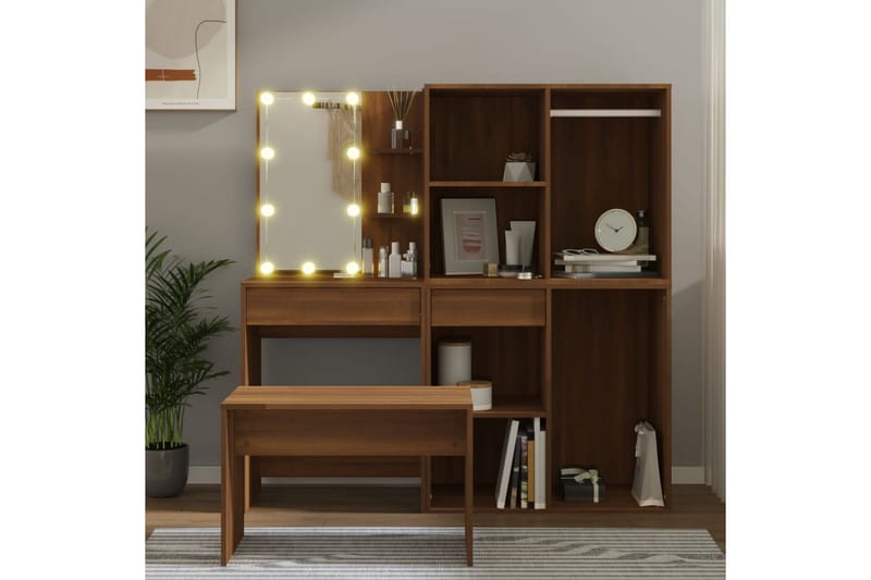 beBasic Sminkebordsett med LED brun eik konstruert tre - Brun - Møbler - Bord - Sminkebord & toalettbord