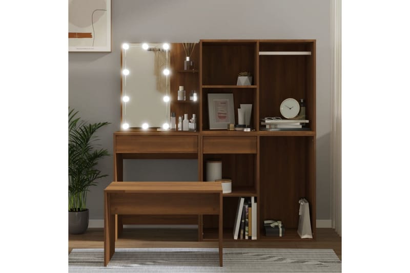 beBasic Sminkebordsett med LED brun eik konstruert tre - Brun - Møbler - Bord - Sminkebord & toalettbord
