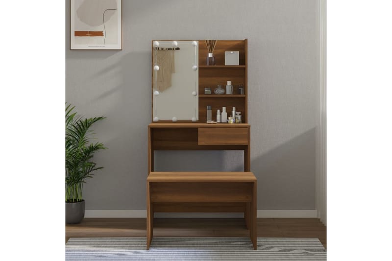 beBasic Sminkebordsett med LED brun eik konstruert tre - Brun - Møbler - Bord - Sminkebord & toalettbord