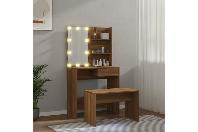 beBasic Sminkebordsett med LED brun eik konstruert tre - Brun - Møbler - Bord - Sminkebord & toalettbord