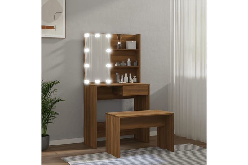 beBasic Sminkebordsett med LED brun eik konstruert tre - Brun - Møbler - Bord - Sminkebord & toalettbord