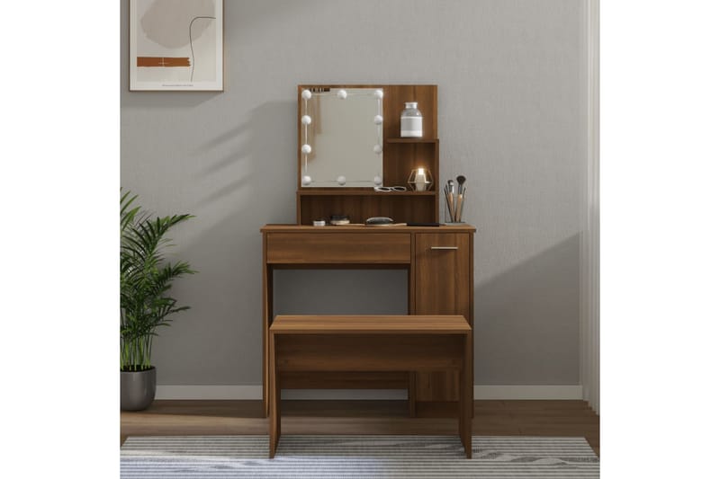 beBasic Sminkebordsett med LED brun eik konstruert tre - Brun - Møbler - Bord - Sminkebord & toalettbord