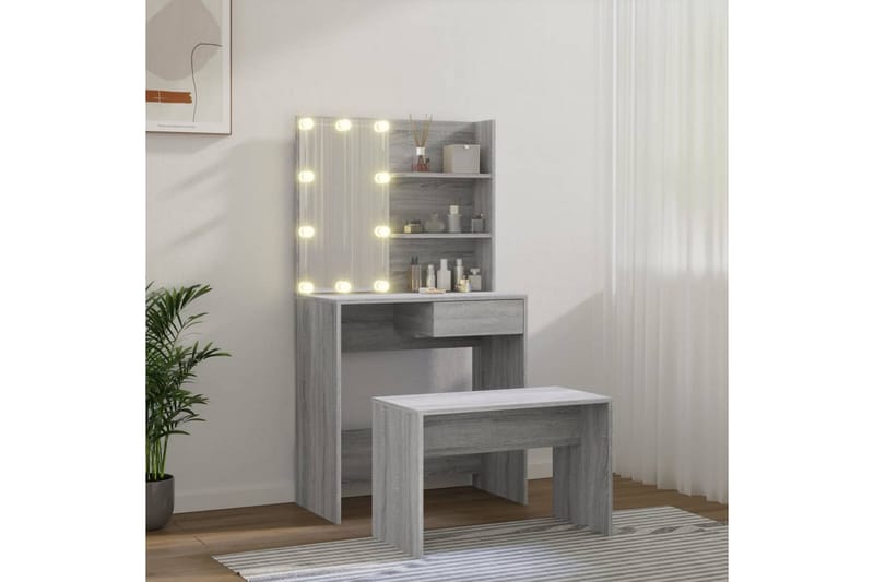 beBasic Sminkebordsett med LED grå sonoma konstruert tre - GrÃ¥ - Møbler - Bord - Sminkebord & toalettbord