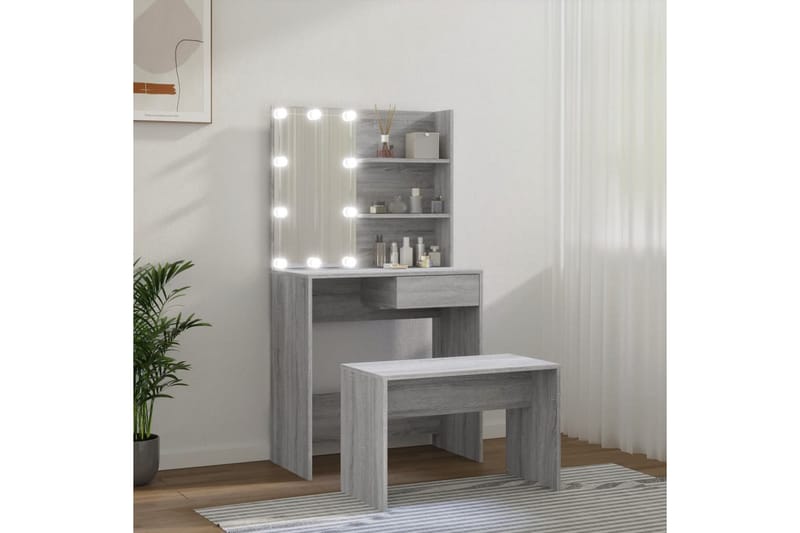 beBasic Sminkebordsett med LED grå sonoma konstruert tre - GrÃ¥ - Møbler - Bord - Sminkebord & toalettbord